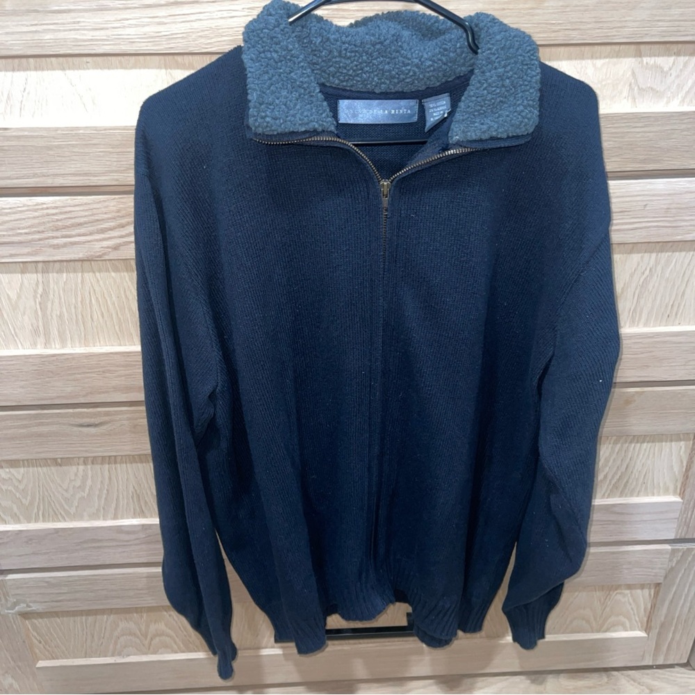 Oscar de la Renta Blue and Gray Zip Up Sweater